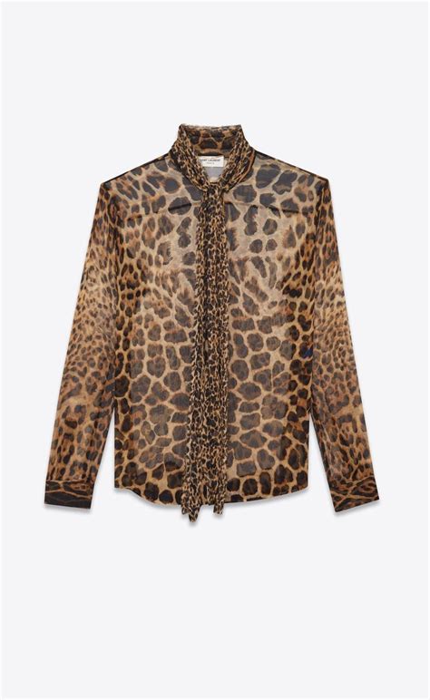 bow tie blouse in ysl leopard-print silk chiffon au|Saint Laurent Blouses for Women .